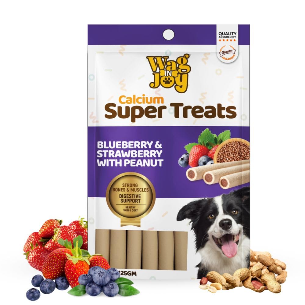 WAG IN JOY Calcium Super Treats, Blueberry & Strawberry with Peanuts Sticks 125 GMS 